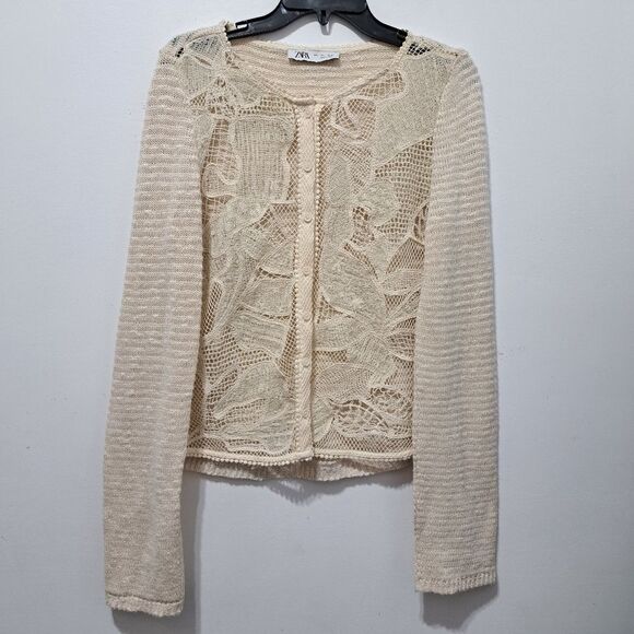 Zara Boho Floral Knit Crochet Coastal Minimalist Cardigan Cream Large - Picture 14 of 15